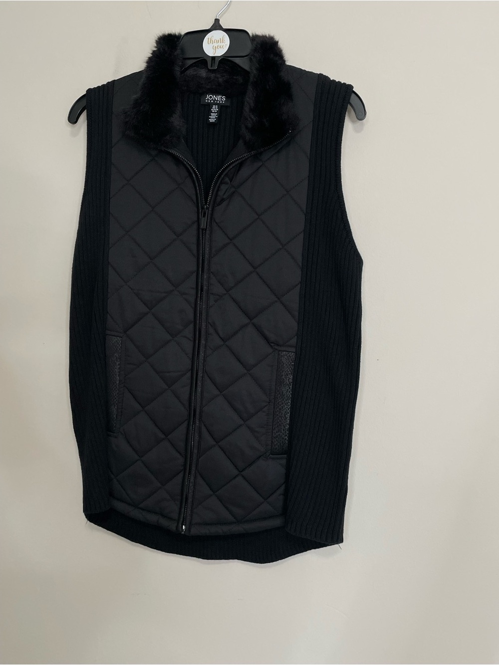 Jones New York Black Quilted  and Sweater Sides & Back Faux-Fur Collar Vest Sz M